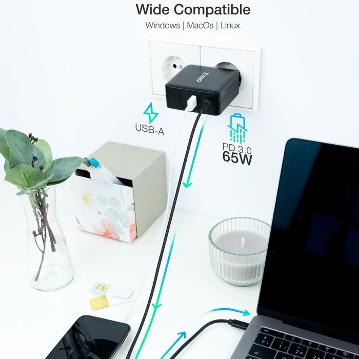 TooQ Cargador Portátil TQLC-USBC65PD USB-C 65W PD 3.0 Automático 5-20V, 1 Puerto USB-A 5V/2.4A, Cable 1.8m, Compatible Mac, Negro